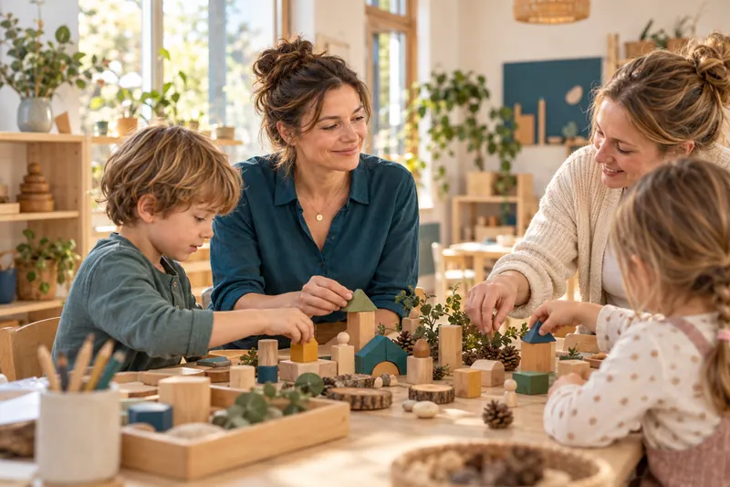 KI-generiertes Bild: Zwei Frauen bauen mit zwei Kindern an einem Tisch mit Holzklötzen