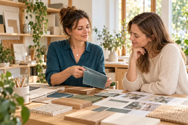 KI-generiertes Bild: Eine Frau zeigt einer Kundin Stoff- und Materialmuster