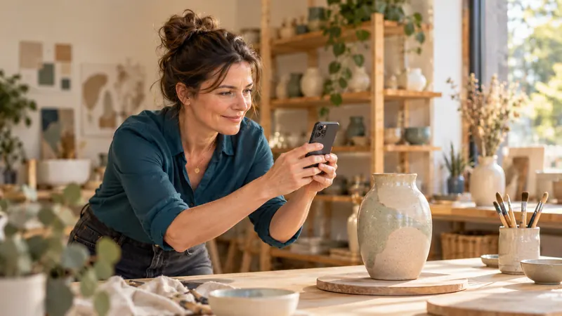 KI-generiertes Bild: Eine Frau fotografiert in ihrer Töpferwerkstatt eine Vase mit dem Handy