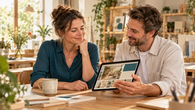 KI-generiertes Bild: Ein Mann zeigt einer Frau auf dem Tablet den Entwurf einer Website