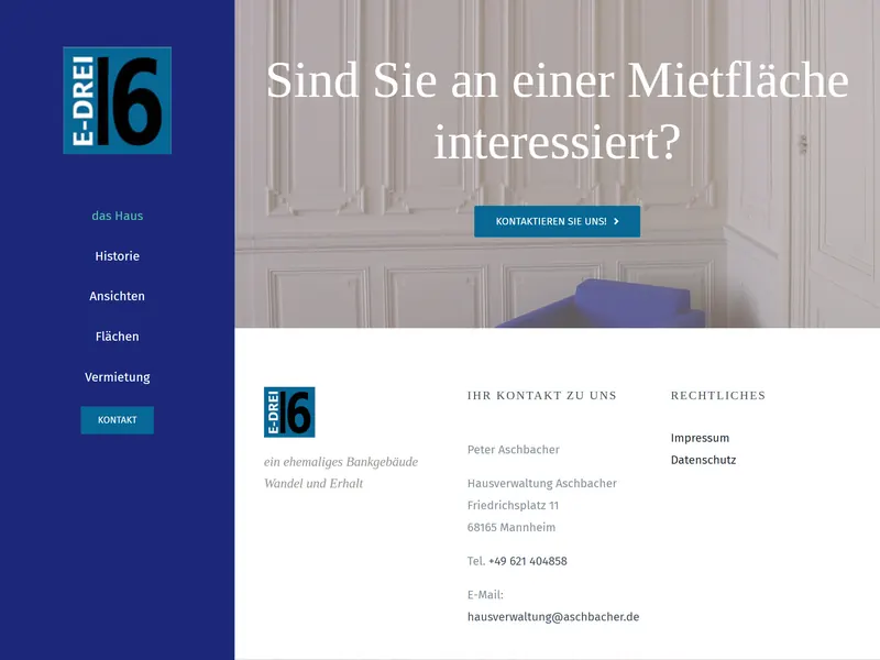 Bildschirmfoto der Website von E3, 16: Startseite mit Logo, Menü und einem Raum mit Stuckwänden