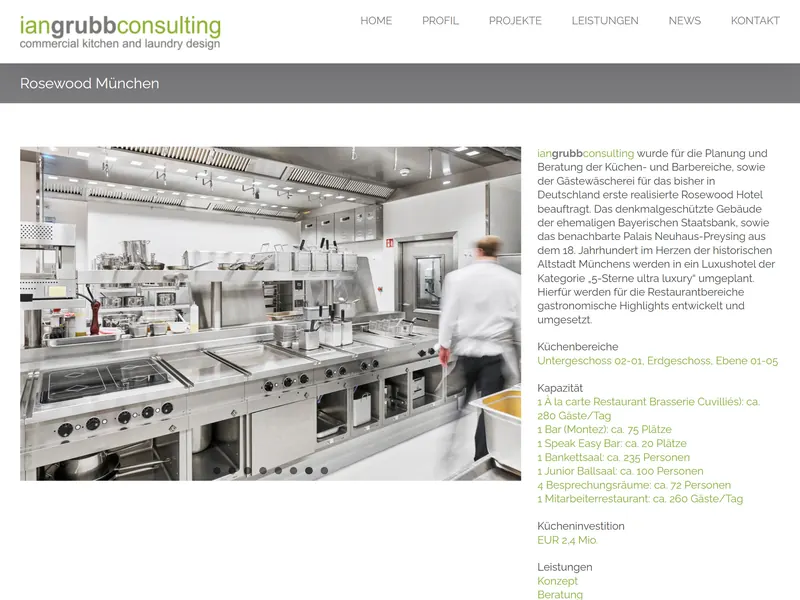 Bildschirmfoto der Website von Ian Grubb Consulting: Projektseite mit dem Foto einer Großküche und Projektangaben