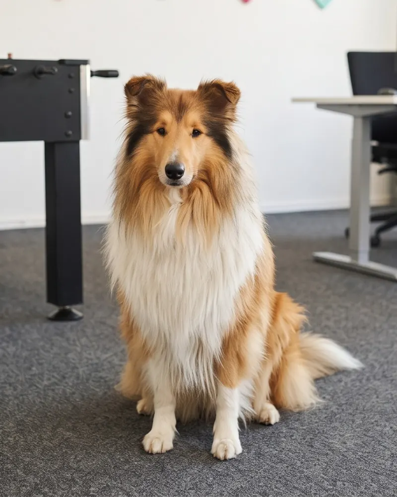 April, unsere Bürohündin, sitzt im Büro